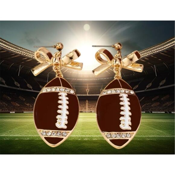 NWT 18K Bling Rhinestone Gold Toned Bowknot Football Dangle Earrings - Picture 5 of 7